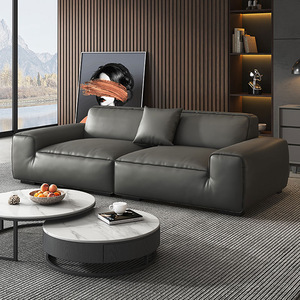 Italian Minimalist Big <b>Black</b> Cow Genuine Leather <b>Sofa</b> Living Room High End Straight Top Grain Cowhide Leather <b>Sofa</b> Set - Product Image 4