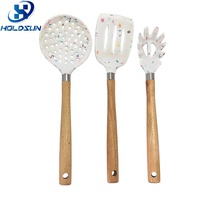 Ensemble d'ustensiles de cuisine en silicone antiadhésif 3 pièces avec manche en bois, outils italiens pour pâtes, comprenant spatule et passoire - Vente chaude