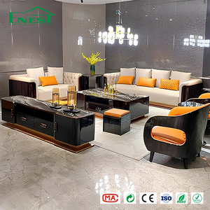 Sofá Moderno de Cuero Genuino <span class=keywords><strong>para</strong></span> Sala de Estar, Lujoso, con Mesa de Centro y Mueble <span class=keywords><strong>para</strong></span> TV a Juego, Conjunto de Muebles <span class=keywords><strong>para</strong></span> Proyecto de Villa - Product Image 1