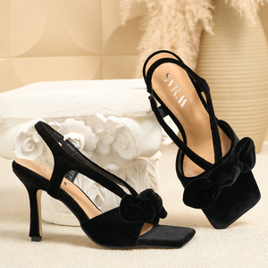 Sandalias Elegantes de Tacón Alto con Punta Cuadrada y Tira en el Talón, de Terciopelo Marrón para Mujer, con Lazo - Product Image 5