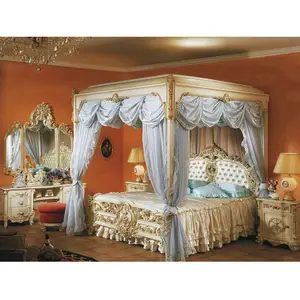 Classic Royal Baroque Style Furniture King Size Luxury Solid Wood Wedding Bed Bedroom Furniture