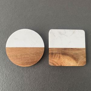 Custom Logo <b>Round</b> Square Acacia Wood and Marble Splicing Coasters Home Office Tea Coffee Cup <b>Mats</b> Pads - Product Image 4