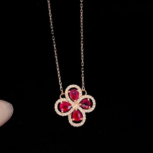 Xinfly Solid 18K Gold Natural <b>Ruby</b> Diamond Clover <b>Necklace</b> AU750 Rose Gold Pear Cut Flower Fine Jewelry for Women - Product Image 2
