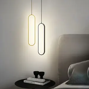 Hiện đại LED cạnh giường ngủ treo đèn tối giản sáng tạo hình bầu dục Mặt dây chuyền đèn vàng đen khung dài dòng đèn chùm