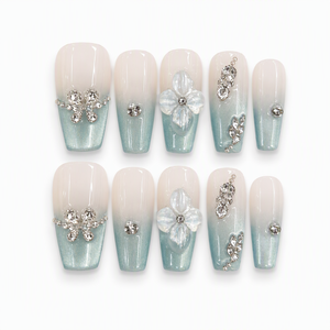 Ongles à presser effet dégradé œil de chat, transparents, avec fleurs et strass, courts, forme stiletto, extension d'ongles printemps-été - Product Image 4