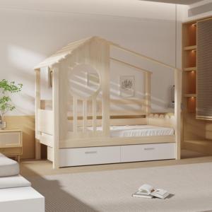 Lit enfant en bois massif sur le thème d'une maison dans les arbres avec de grands tiroirs de rangement, meubles ludiques et amusants pour la chambre d'enfant, garçon ou fille - Product Image 1