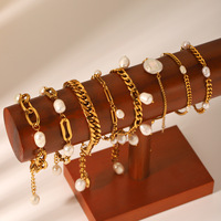 Pulseras de Cadena Cubana de Acero Inoxidable con Oro de 18K y Perlas Naturales de Agua Dulce para Mujer, para Regalo
