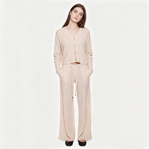 Custom ODM/OEM 100% Organic Cotton Knit V-Neck Button Cardigan Drawstring Wide Leg Pants Loungewear Set for Women - Product Image 2