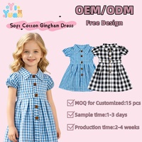 Robe à carreaux bleue et blanche pour petites filles, manches courtes bouffantes, col à revers, boutons sur le devant, robe décontractée à carreaux pour petites filles