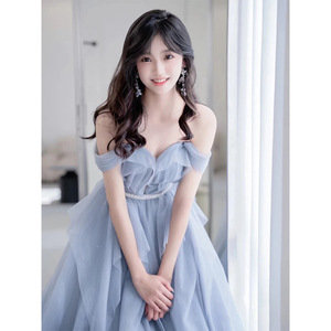 Escaped Princess Evening Gown Blue Empire Waist Sweetheart Neckline Ruffles Coming Of Age Ceremony Dress - Product Image 1