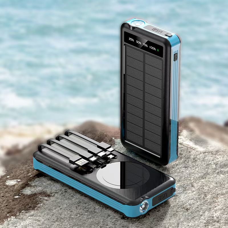 Solar Panel Power Bank Case With Built In Cable Logo Customize Support Wireless Charging Type-C Powerbank For Mobile Phones