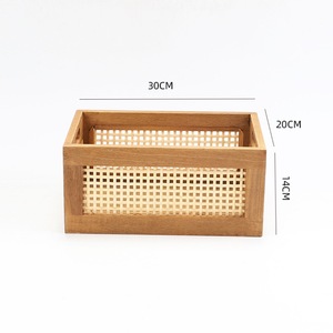 Panier de rangement en rotin et bois massif, rectangulaire, 30x20x14cm, organisateur de bureau, boîte de rangement pour cosmétiques et collations - Product Image 3