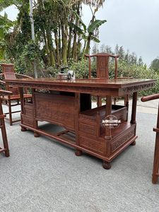 Mesa de Té de Madera Maciza de Sándalo Rojo y Caoba con Diseño de Peonía, Mesa de Recepción con Encaje de Espiga y Tenón, Mesa de Té de Madera - Product Image 2