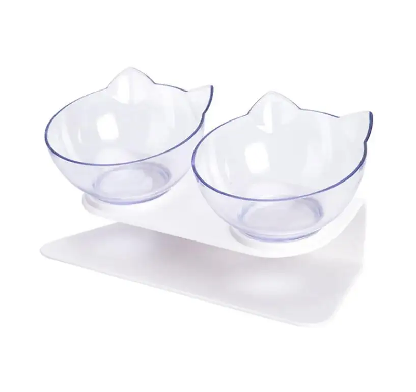 Cat Double Bowls Pet Bowl Transparent Black White Non-slip Food Feeder With Protection Cervical For Cats Dogs