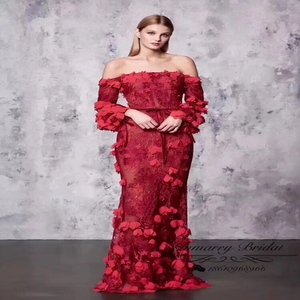 Rojo 3D flores de encaje de tul tela gasa bordado apliques de novia - Product Image 1