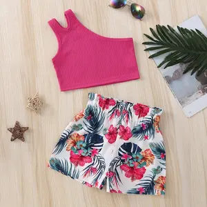 1-6 Years Old Summer New Girls And Small Children Tank Top Cross-Body Suspender Flower Print Shorts Vacation Style Two-Piece Set