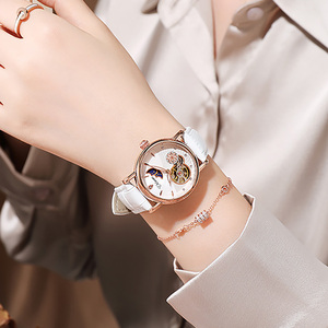 Montre mécanique automatique pour femme avec cadran <span class=keywords><strong>soleil</strong></span> et lune en diamant, bracelet en cuir, montre habillée pour femme - Product Image 5