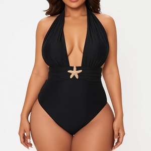 Traje de Baño de Una Pieza con Cuello Halter y Escote Profundo <span class=keywords><strong>en</strong></span> V para Mujer, con Decoración de Estrella de Mar y Pareo de Malla, Conjunto de 2 Piezas, Moda Sehe - Product Image 5