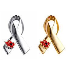 Fiocco in Metallo Argento e Oro per la Consapevolezza del Cancro al Seno con Stampa Offset e Chiusura a Spilla Placcata Argento - Product Image 2