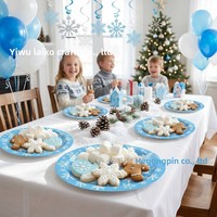 Vaisselle jetable bleue pour fête d'anniversaire sur le thème du bonhomme de neige, 96 pièces : serviettes en papier, gobelets, assiettes, fourchettes, décorations