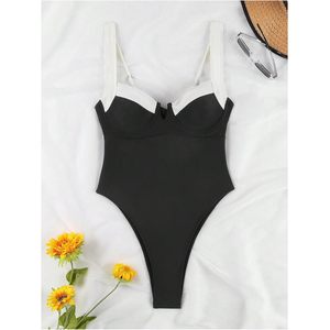 Traje de baño de una pieza personalizado para mujer, corte alto, push-up, cuello cuadrado, ribete en contraste, licra, nailon, ropa de playa - Product Image 3
