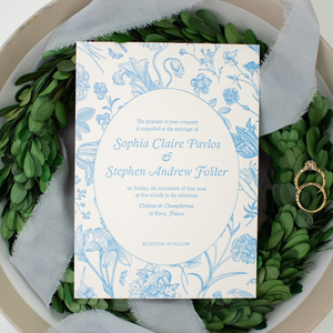 Carte d'<span class=keywords><strong>invitation</strong></span> de mariage en typographie, élégante, couleur en relief, bordure florale de style Vogue, style campagnard français classique, vœux de mariage - Product Image 1