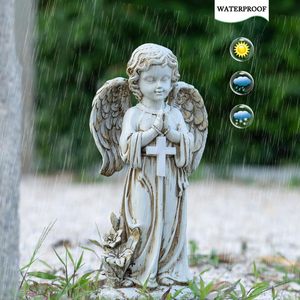 Resin Angel <b>Statue</b> With Led Cross Light Garden Decor Outdoor Cemetery Ornament - Product Image 4
