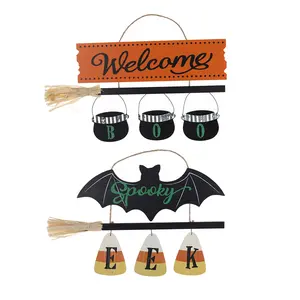 Halloween Door Hanging Sign Wooden Ghost Pumpkin Bat Trick Or Treat Halloween Hanging Door Sign