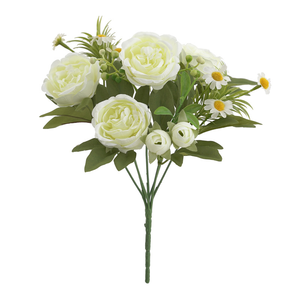 Marché de Yiwu Futian 7 têtes Rose vert feuilles pas cher <span class=keywords><strong>prix</strong></span> soie artificielle style campagnard fleurs intérieur Table mariages nouvel an - Product Image 6