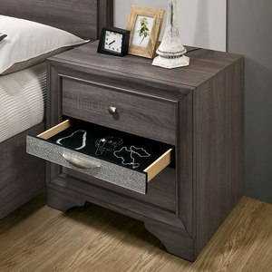 Table de chevet contemporaine, finition grise, accents argentés, tiroir à bijoux dissimulé, bouton en nickel, meuble de chambre à coucher - Product Image 5