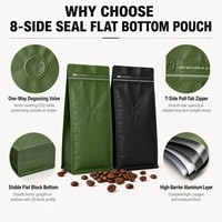 Sachet de café à fond plat, scellé sur huit côtés, avec valve de dégazage, fermeture à glissière à languette, en feuille de kraft, 125g 250g 500g 1kg, personnalisable OEM