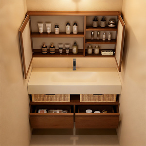 Modern Wall-Mounted Bathroom Vanity with <b>Sink</b> - Wood Finish Bathroom Cabinet with LED Light Mirror & Wicker <b>Storage</b> Baskets - Product Image 2