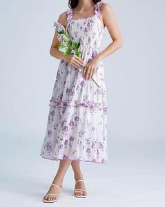 <span class=keywords><strong>Vestido</strong></span> Midi <span class=keywords><strong>Victoriano</strong></span> para Mujer, Estampado Floral, Tejido Natural 100% Algodón, Fruncido, Transpirable, Ecológico, Casual de Verano para Playa - Product Image 3