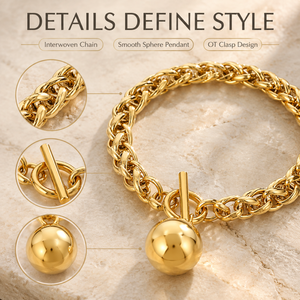 Trendy 18K <b>Gold</b> Plated Stainless Steel Chunky Twisted Rope Chain <b>Bracelet</b> Tarnish Resistant Toggle Clasp Round <b>Solid</b> Ball <b>Charm</b> - Product Image 4