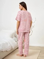 Ensemble de pyjama pour femmes à motif de dessin animé, deux pièces, manches courtes, pantalon long, tenue décontractée, haut à col rond, ensemble confortable pour se détendre