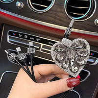 Kabel Data pengisi daya ponsel, kabel Data USB bentuk hati kristal 3-in-1, desain lucu, penggunaan Interior mobil baru untuk anak perempuan