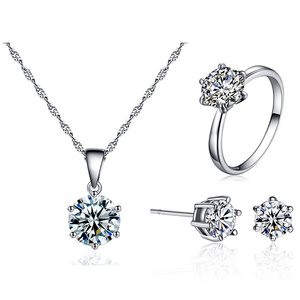 Korean Style Luxury Silver Plated Cubic Crystal AAA Zircon Necklace Earring Rings Weeding Bridal Jewelry Set For Ladies Girls