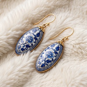 Ear Enlace Oem Odm 14K <b>Gold</b> Plated Oval Blue And White Porcelain Floral <b>Dangle</b> Hook <b>Earrings</b> Vintage Chinese Style Women Jewelry - Product Image 2