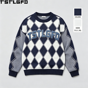Pull tricoté Argyle coupé-cousu, épais, brodé, style universitaire, bleu marine et blanc, rétro, vente en gros - Product Image 3