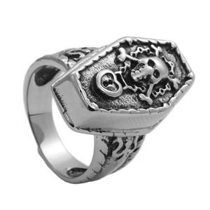 Men's Silver Skull Coffin <b>Ring</b> <b>Titanium</b> Steel Punk Style Retro Geometric Jewelry Gift - Product Image 4