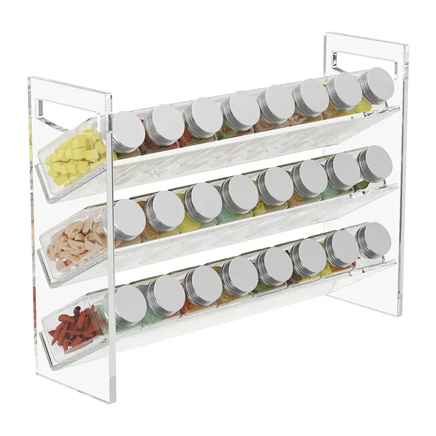 Flat Package 3-Tier Clear Acrílico Tempero Prateleira Frascos Spice Titular Rack Set Para Home Despensa Gabinete Organização Cozinha