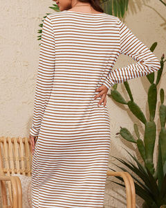 Vestidos largos de punto a rayas para mujer modesta clásica, vestidos elegantes con cuello en U y abertura alta, prendas de punto de calle a la moda con botón frontal - Product Image 3