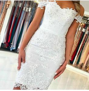 Off Shoulder Beaded <strong>White</strong> Lace Applique Bodycon Style Knee Length <strong>Plus</strong> <strong>Size</strong> <strong>Women's</strong> Party <strong>Dresses</strong> - Product Image 1