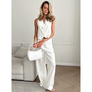 Office Lady Casual Suit Wear Algodón <span class=keywords><strong>blanco</strong></span> y <span class=keywords><strong>lino</strong></span> Sin mangas con cuello en V Chaleco blazer Suit - Product Image 1