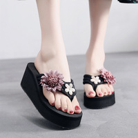 Nouvelles tongs à fleurs de marguerite à semelle épaisse pour femmes, sandales compensées de plage