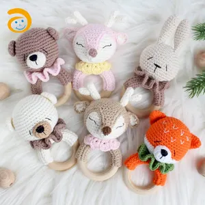 Anneau de dentition en bois naturel Montessori, jouets pour bébé, Crochet, tricot fait à la main, Animal lapin, Amigurumi, vente en gros,