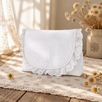 Pochette Cosmétique Vintage en Tissu Gaufré Blanc avec Bordure en Dentelle à Œillets, Trousse de Maquillage à Volants, Sac de Toilette à Bord Festonné pour Femme