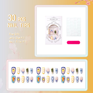 Faux ongles en gel souple faits main, motif été méditerranéen, amande, citron 3D, poisson, olive, bleu floral, pour vacances à la plage - Product Image 4