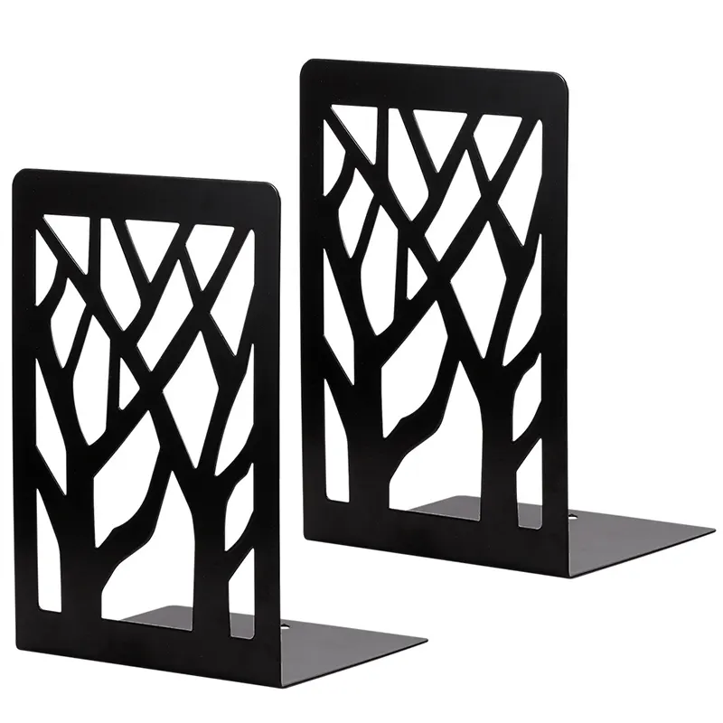 2 Pieces Pack Modern Creative Book Holders Tree Shadow Book Stand Black Desktop Metal Bookends