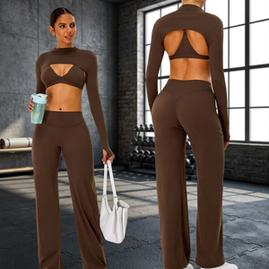 Ensemble de yoga marron uni pour femme, pantalon taille haute longueur cheville, haut court à col roulé, design découpé, anti-transpiration, ensemble 2 pièces - Product Image 1